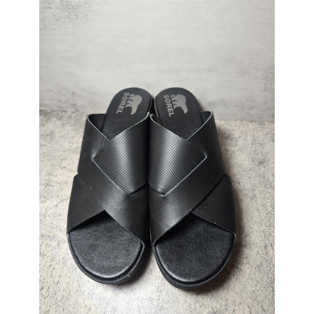 Sorel Cameron Flatform Mule Sandals Platform Leather Black Quiet Luxury Size 9.5